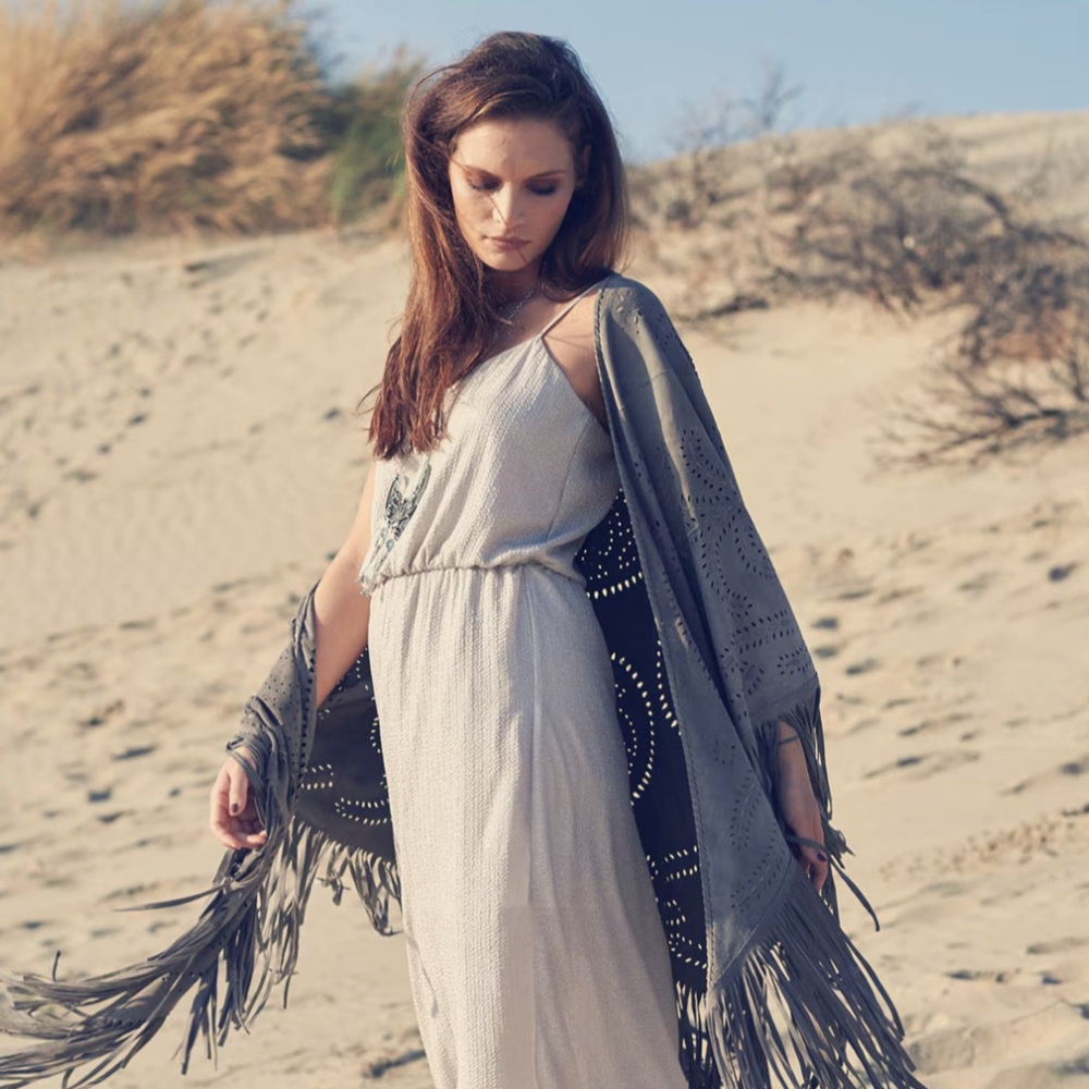 Boho Tasseled Shawl - Grey Micro-Suede with Decorative Cut Outs - Made in France